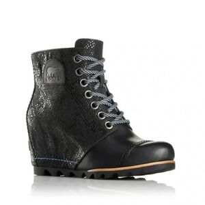 Sorel 1964 Premium Waterproof Snake Print Black Laced Wedge Boots